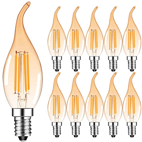 Suncan E14 flamspets LED filament kandelaberglödlampor, 4 W 360 LM – 30 W glödlampor ekvivalent – liten Edison-skruv glödlampa, 2 700 K varmvit, icke-dimbar, 10-pack (bärnsten)