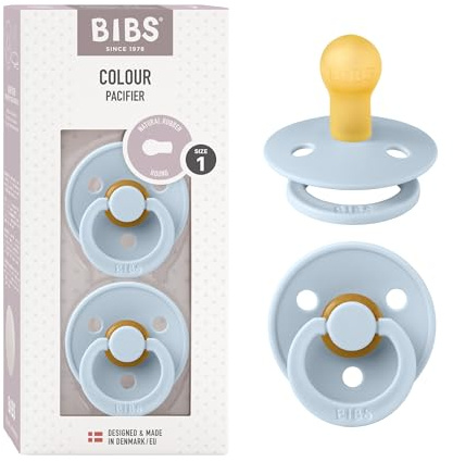 BIBS Colour Soother 2-Pack, BPA Free Dummy Pacifier, Round Nipple. Natural Rubber Latex, Size 1 (0-6 Months), Baby Blue/Baby Blue
