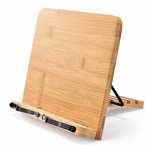 Supporto per libri di legno e libro di cucina con angoli regolabili per leggere le mani libere, robusto supporto per ricettario con clip di carta, per libri di testo (34 x 23,9 cm)