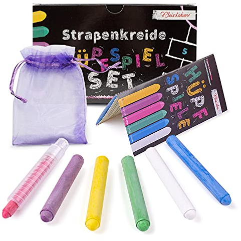 KLEINTOBER I premium Straßenmalkreide Kinder I Hüpfspiele für Kinder I Set mit Kreide, Kreidehalter, Anleitung I Kreide Straßenmalkreide I Spiele ab 3 Jahren I Outdoor spiele I für Geschenke