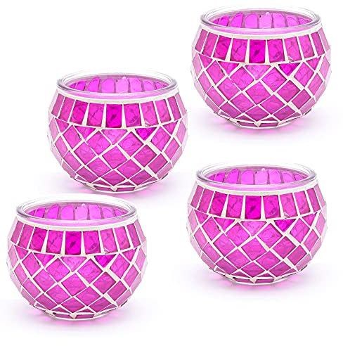 Mosaic Glass Candle Holder Vintage Jar Tealight Holders, Home Decoration with upto 8 Hour Burn Tea Light Candles (Pink 4 Pack)