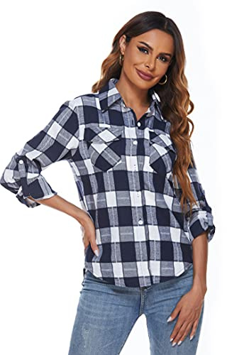 Ietaoo Chemisiers Femme Chemise à Carreaux Coton Manches Longues Flanelle Chemise Blouse Classique Décontractée Shirt pour Automne Hiver Printemps Marine Blanc S