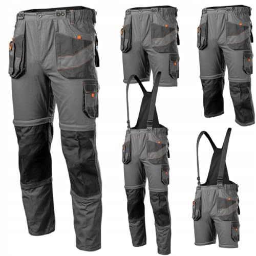 NEO TOOLS Peto de trabajo para hombre 6 en 1, 100% algodón 260 g/m2, 2 perneras desmontables, tirantes abotonables, bolsillos multifunción, cintura elástica elástica, talla: M, gris