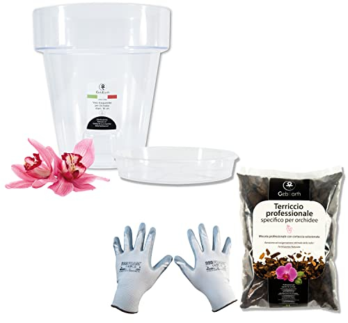 GebEarth - Kit de rempotage pour orchidées : Pot Transparent pour orchidées, 4 Trous de Drainage et Soucoupe + terreau spécifique pour orchidées 1L, Gants de Jardinage (14mm)