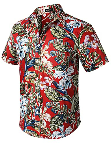 HISDERN Men Funky Hawaiian Floral Shirts Short Sleeve Front Pocket Holiday Summer Aloha Printed Beach Casual Red Hawaii Shirt