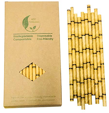 100 Pezzi Cannucce di Carta in Giallo Bambù, (19,7cm x 6mm) 100% Biodegradabili Bambù Printed Cannucce per Compleanno, Docce Bambino, Celebrazioni e Feste