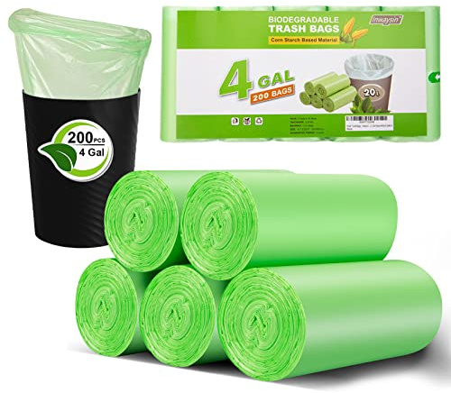 Bolsas de basura pequeñas de 4 a 6 galones, Inwaysin 200 bolsas de basura biodegradables de 4 galones, bolsas de basura pequeñas extrafuertes, sin perfume, tamaño ampliado, verde, para baño,