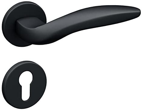 Gavroche Lot de poignées de porte noires mates - Cylindre profilé PZ - Poignées de porte pour portes intérieures - Poignée de porte pour porte de chambre avec rosace ronde en aluminium en forme de L