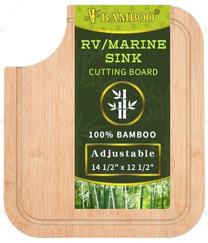RV/Marine Bamboo Cutting Board, 14.5 x 12.5 Sink Cover with Adjustable Rubber Feet, Increase Work Space, Fit for Most RV & Boat Sinks, Built-in Juice Groove, Corner Cut for Scraps