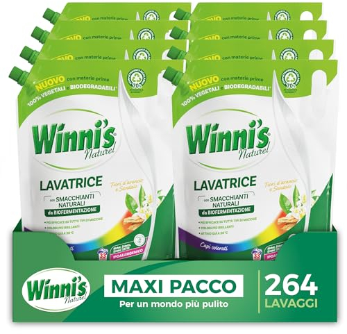 Winni's - Detersivo Lavatrice Ipoallergenico Ecoformato, Capi Colorati, 264 Lavaggi, Fiori d'Arancia e Sandalo, Smacchianti Naturali da Biofermentazione e Materie Prime Vegetali, 1485ml x 8 Confezioni