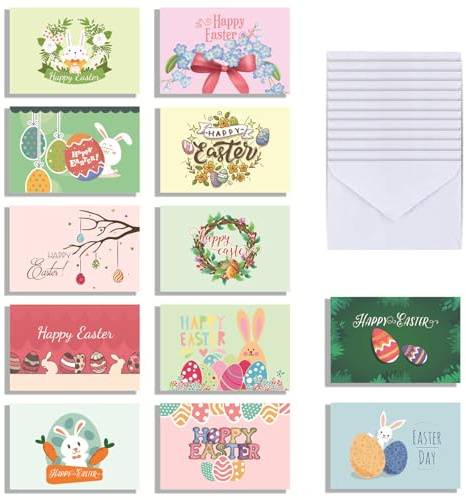Confezione Pasqua vintage Biglietti Auguri Pasqua con Busta e Adesivi,SdAmy Biglietti Auguri di Buona Pasqua - Set di 12 Cartoline con Enveloppe, Design Tradizionali e Carini per la Tua Festa