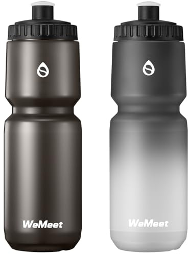 WEMEET Borraccia da corsa leggera a prova di perdite, 1000 ml, adatta alla maggior parte delle gabbie della bicicletta, con scala di capacità, per ciclismo, fitness (nero e bianco, confezione da 2)