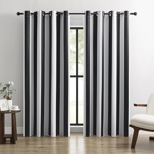BOHOMOCASA 100% Blackout Curtains – Classic Black and White Stripe Curtains, 2 Panels, Each W52×L96, Thermal Insulated, Nosie Reducing for Bedroom and Living Room