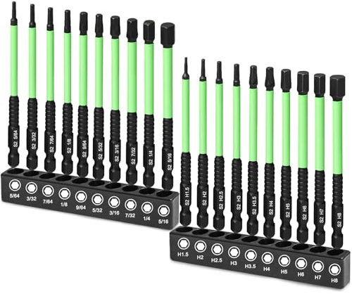 20PCS Impact Drill Allen Key Set, 100mm Hex Bit Set Magnetic Impact Driver Bits 1/4' Hexagon Shank S2 Steel, H1.5-H8 Hex Head Allen Wrench Drill Bit with Storage Box(10pc Metric & 10pc SAE