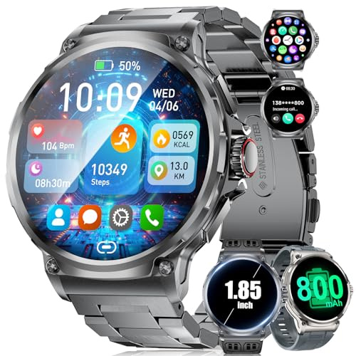 SUNKTA Reloj Inteligente Hombre con 3 Cinturini,800 mAh,1.85 Smartwatch con Llamadas,24/7 Pulsómetro SpO2,Monitor Sueño,5ATM Impermeable Pulsera Actividad 123 Modos Deportivos Android iOS