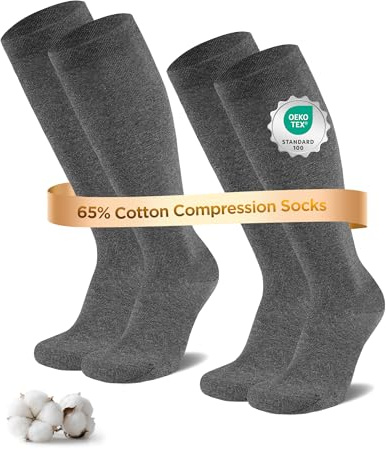 Niofind Chaussettes de Contention Femme & Homme – Lot de 2 Paires – 65% Coton – Bas de Compression Genou pour Sport, Voyage, Grossesse & Travail