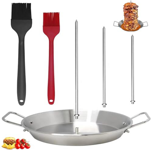 Soporte Pincho Vertical Acero Inoxidable con 3 Picos Extraíbles & 2 Cepillo, Repuesto Brocheta Horno, Accesorios Kebab Parrilla, Herramienta Barbacoa para Pollo, Pescado, Bistec, Kebabs Shawarma