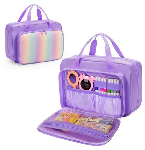 Kids Travel Toy Organizer with Hanging Hook, Storage Bags with Multi-compartments for Child’s Toys, Snack or Other Essentials, Water-resistant Toiletry Carrying Bag, Two Way Zipper, Purple (Bag Only)