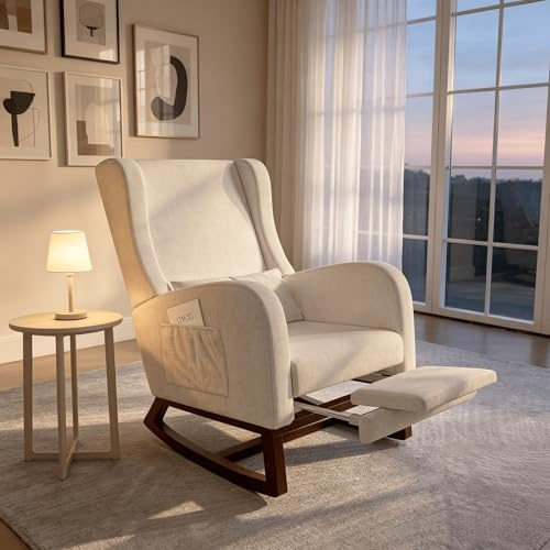 HYNHXBP Mecedora con reposabrazos y Bolsillos Laterales, Silla ergonómica para Lactancia, Acolchada, con Estructura de Madera Maciza, Ideal para el salón o el Dormitorio (Terciopelo Beige)