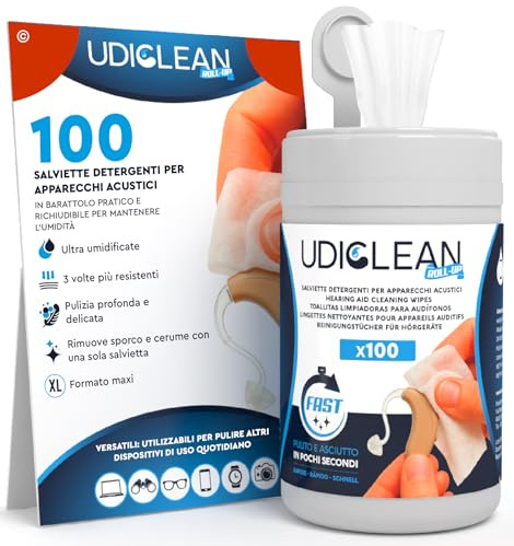 100 Lingettes Nettoyantes et Humides pour Appareils Auditifs Udiclean - Pot Refermable Refermant Retenant l’Humidité - Lingettes Maxi et Résistantes Nettoyage du Cérumen de la Graisse et de la Saleté