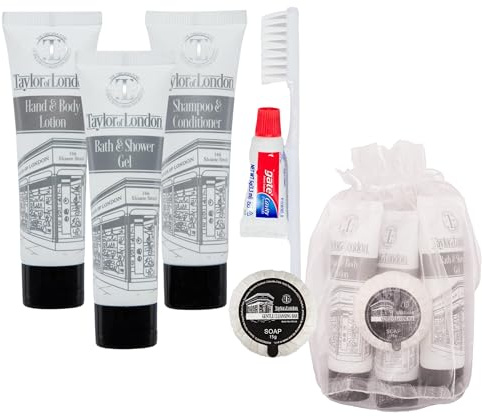 7pcs Travel Essentials Toiletry Bags for Women & Men - Holiday essentials including travel toothbrush, mini toothpaste, 30ml mini shampoo and conditioner set, 30ml Shower Gel, 15g Soap in organza bag