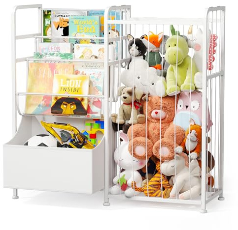 BBLIKE Kids Bookshelf and Stuffed Animal Storage, Multi-Function Nursery Bookcase Shelves with Leather Toy Box and PVC Book Display, Toy Organizer for Playroom, Bedroom, Nursery, White