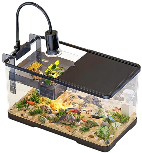Terrarium Tortue avec Plateforme de Repos et Lampe, Petit Aquarium Tortue