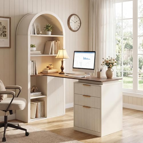 NORTHSKY 61 L-Shaped Desk with Arched Bookshelf, Fluted Corner Computer Desk with 3 Drawers, Sleek Sliding Door, Built-in Charging Station, Elegant Modern Workstation for Home Office, White