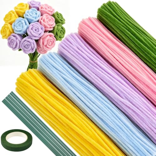 ASTARON 521 limpiapipas para manualidades, tallos de chenilla pastel de 5 colores para manualidades, kit para hacer flores con alambres florales y cinta de jardinería (Colores macarrón)