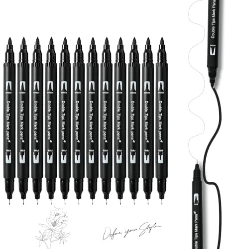 Mitoymia Black Felt Tip Pens,12 Pack Dual Tip Blacks Colouring Pens with 0.4mm Fine Tip & 1-2mm Black Brush Pens for Drawing, Sketching,Writing,Journaling and Calligraphy