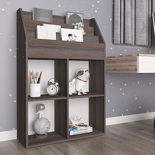 Ordellia Revistero infantil gris roble Sonoma 71 x 30 x 114 cm tablero de partículas con 3 compartimentos y 4 compartimentos abiertos para estantería