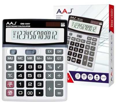 AAJ 12 Digit Desk Calculator Jumbo-Large Buttons-12 Digits-Large Eye Angled Display- Light and portable Calculator-For Home and Office use-Solar and Battery Powered (Battery Included)