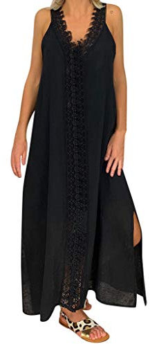 SoLu DAY8 Robe Longue Femme Ete Grande Taille M-5XL Robe de Plage Dentelle Pas Cher Robe Casual Femme Soiree sans Manches Col V Robe Sexy Fendue sur Les Cotes Maxi Dress (Noir, L)