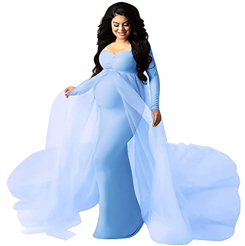 Maternity Photoshoot Dress Women Elegant Long Sleeve Off The Shoulder Fall Fitted Pregnancy Tulle Chiffon Wedding Beach Maxi Mermaid Long Gown Baby Shower Dress Photography Plus Size Sky Blue L