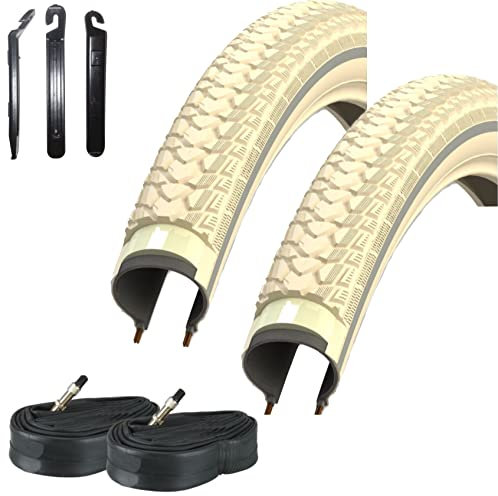 2 x Rexway Shopper Pannenschutz Fahrradreifen Creme mit Reflex 47-622 (28 x 1,75) + 2 passende Schläuche DV inkl. maxxi4you Reifenheber