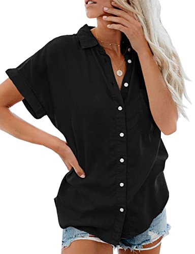 Xnova Camisa Manga Corta de Mujer Básica Blusa Botón Cuello en V Oversized Tops Sólido Essentials Shirt, Cuello con Solapa de Verano Camiseta con Bolsillo (Negro,L)