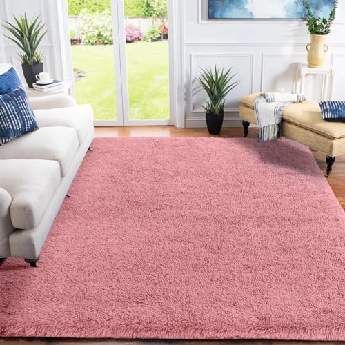 XSIVOD hochflor Wohnzimmer Teppich, Schlafzimmer Bettvorleger, Moderner zottelig flauschig weich Teppiche für Kinderzimmer Anti-Rutsch Unterseite waschbarer, 140x200 cm, Erröten