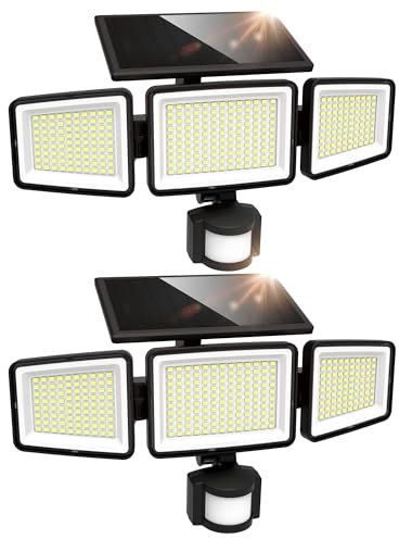 UME Solar Outdoor Lights 302 LED 3000LM, IP65 Waterproof Motion Sensor Outdoor Lights, 3 Heads Solar Security Flood Lights 270 Wide Lighting Angle with 3 Modes for Garden Patio Yard - 2 Pack