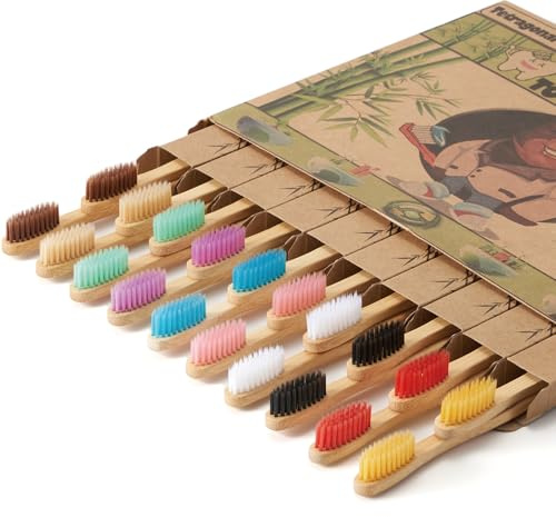Tetragonal tree 20 Count Bamboo Toothbrushes - BPA Free Soft Bristles Natural Toothbrush Set - Biodegradable & Compostable Eco-Friendly Wooden Toothbrush, Multicolor