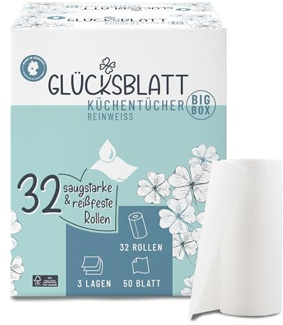 Glücksblatt Küchentücher, 32 Rollen á 50 Blatt, 3-lagige Küchenrollen Großpackung, plastikfrei, nachhaltig, Haushaltsrollen, Allzwecktücher, Papiertücher, Papierhandtücher, Küchenpapier
