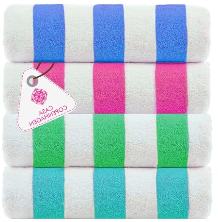Casa Copenhagen Cabana Towel 4Pcs Teal,Blue,Pink,Green Designer Stripe Beach Towels Gift Set, 30x60 Oversized 100%Cotton Pool Bath Towel for Beach Gift Set (Perfect Summer Gift Set For Women & Men)