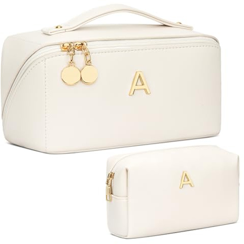 CLOUDWINGS Birthday Gifts for Women Teen Girl, Personalized Initial Makeup Organizer Bag Set, Open Flat Travel Cosmetic Bag With Clear Divider and Handle(Beige,A)