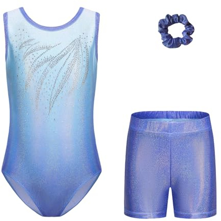 Cucudy gymnastik trikåer flickor dansande set – med shorts och pannband glittrande tonad färg balett gymnastik outfit för 5-12 år flickor dräkter gåva