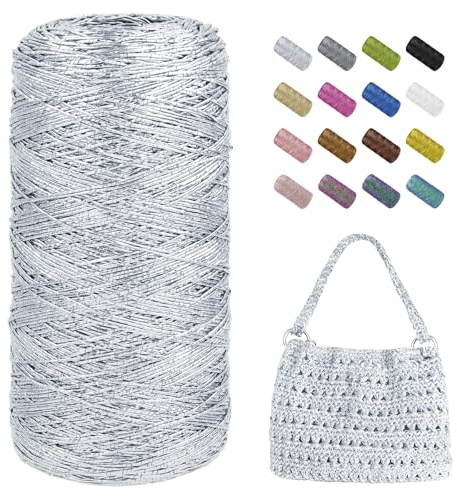 Uiopa Fil Macramé 1mm x 480m Fil Crochet Métallique pour Sac au Crochet, Ficelle Corde Brillant a Crocheter pour Paniers, Pendentifs, Décoration, Bricolage (Argent)