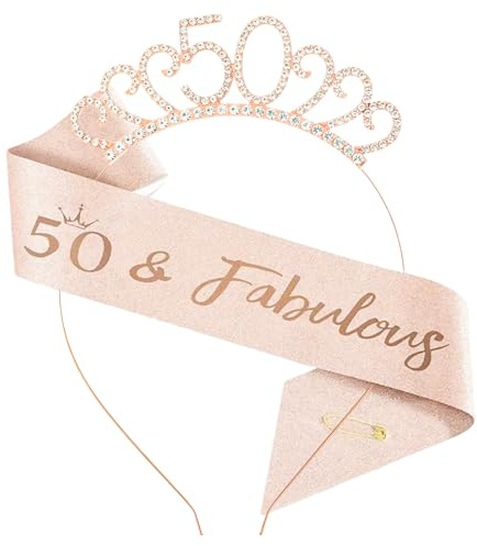 50 Ans Couronne Anniversaire Écharpe, Echarpe Couronne Anniversaire, Or Rose Sash Diadème pour Femme Fille 50e Anniversaire