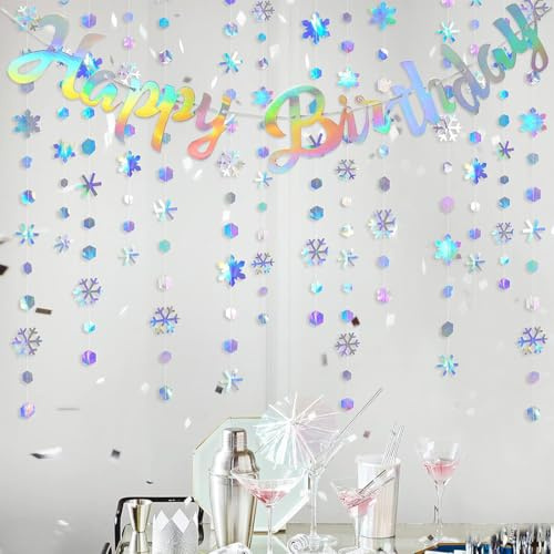 OIXEYA 2 Guirnaldas de Feliz Cumpleaños con Copos de Nieve, Decoracion Cumpleaños, Pancarta de Feliz Cumpleaños, Decoración de Copos de Nieve