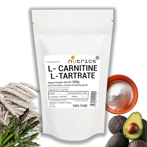 Nutrics Polvere di carnitina, 100% pura, senza riempitivi, leganti o agenti di carica, vegana e vegetariana, 200 g