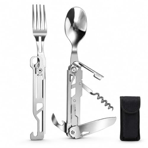 Couverts Camping 5 en 1 Multifonction, Couverts Pliables Set Ustensiles Voyage Acier Inoxydable avec Couteau Fourchette Cuillère Ouvre Bouteille Tire Bouchon, Kit Compact Outdoor avec Sac