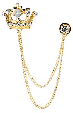 Brooch Lapel Pin for Men Golden Stone Crown with Hanging Chain Golden Badge Coat Suit Wedding Gift Party Shirt Collar Accessories