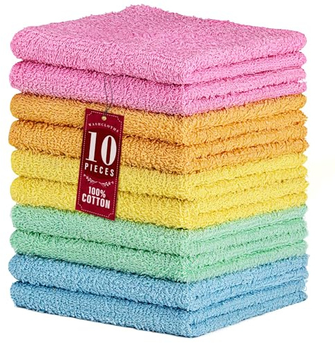 DecorRack 10 Pack 100% Cotton Wash Cloth, Luxurious Soft, 12 x 12 inch Ultra Absorbent, Machine Washable Washcloths, Assorted Colors (10 Pack)